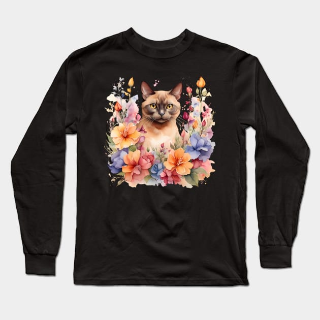 A burmese cat decorated with beautiful watercolor flowers Long Sleeve T-Shirt by CreativeSparkzz